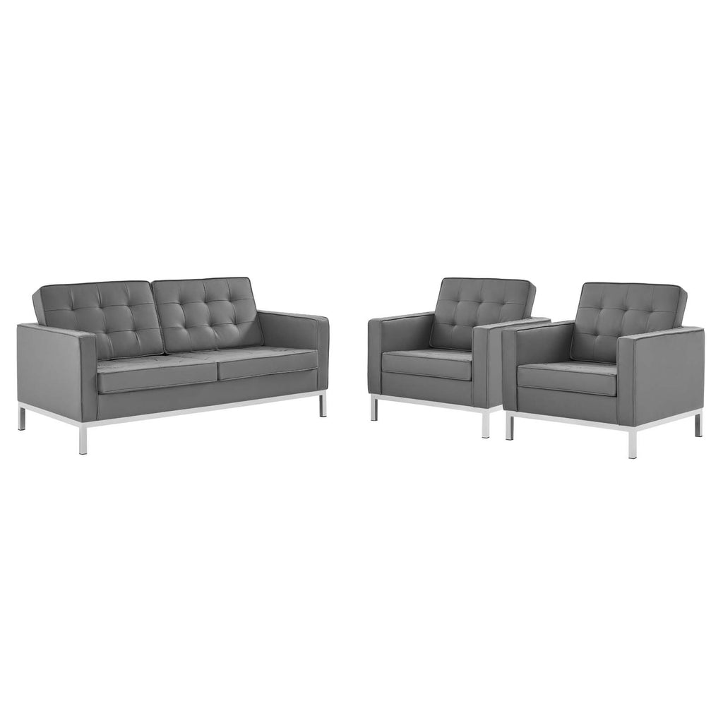 Modway Furniture Loft 3 Piece Tufted Upholstered Faux Leather Set Silver Gray 93 x 95 x 31