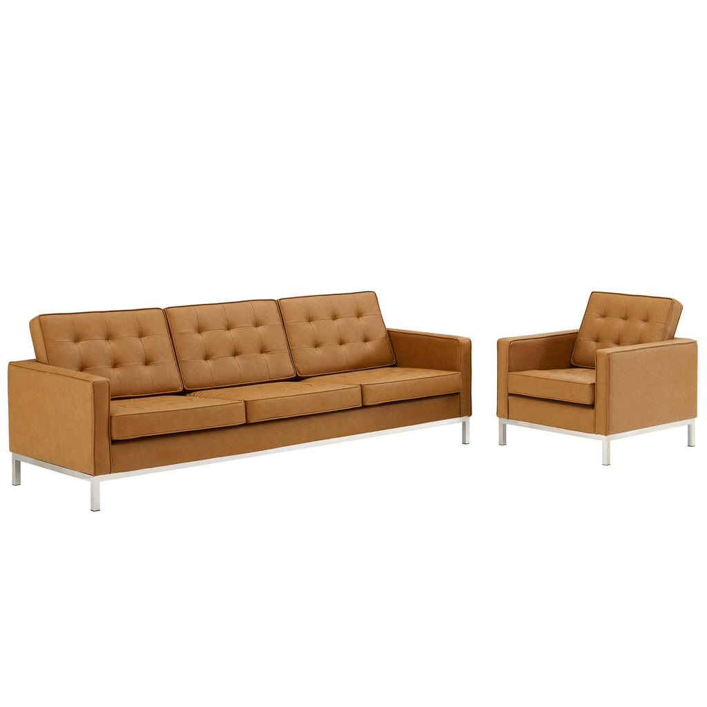 Loft Tufted Upholstered Faux Leather Sofa and Armchair Set Silver Tan EEI-4104-SLV-TAN-SET