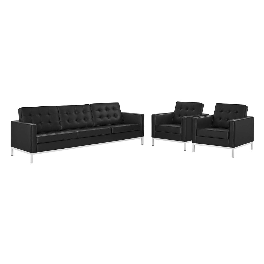 Loft 3 Piece Tufted Upholstered Faux Leather Set Silver Black EEI-4105-SLV-BLK-SET