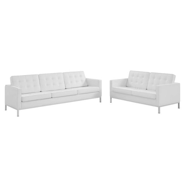 Loft Tufted Upholstered Faux Leather Sofa and Loveseat Set Silver White EEI-4106-SLV-WHI-SET
