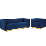 Sanguine Vertical Channel Tufted Upholstered Performance Velvet Sofa and Armchair Set Navy EEI-4143-NAV-SET