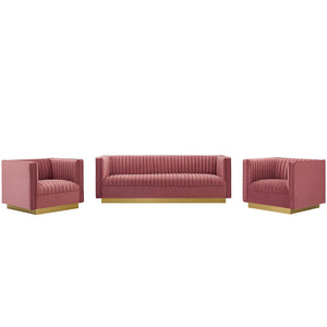 Sanguine 3 Piece Vertical Channel Tufted Upholstered Performance Velvet Set Dusty Rose EEI-4144-DUS-SET