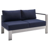 Shore Sunbrella® Fabric Aluminum Outdoor Patio Right-Arm Loveseat Silver Navy EEI-4222-SLV-NAV