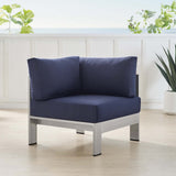 Shore Sunbrella® Fabric Aluminum Outdoor Patio Corner Sofa Silver Navy EEI-4224-SLV-NAV