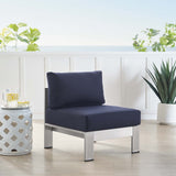 Shore Sunbrella® Fabric Aluminum Outdoor Patio Armless Chair Silver Navy EEI-4227-SLV-NAV