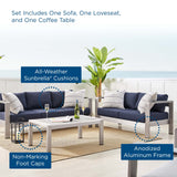 Shore Sunbrella® Fabric Outdoor Patio Aluminum 3 Piece Set Silver Navy EEI-4313-SLV-NAV-SET