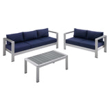 Shore Sunbrella® Fabric Outdoor Patio Aluminum 3 Piece Set Silver Navy EEI-4313-SLV-NAV-SET