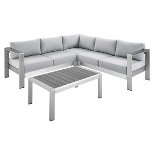 Shore Sunbrella® Fabric Outdoor Patio Aluminum 4 Piece Sectional Sofa Set Silver Gray EEI-4314-SLV-GRY-SET