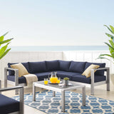 Shore Sunbrella® Fabric Outdoor Patio Aluminum 4 Piece Sectional Sofa Set Silver Navy EEI-4314-SLV-NAV-SET