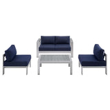 Shore Sunbrella® Fabric Outdoor Patio Aluminum 4 Piece Set Silver Navy EEI-4315-SLV-NAV-SET