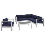 Shore Sunbrella® Fabric Outdoor Patio Aluminum 5 Piece Sectional Sofa Set Silver Navy EEI-4317-SLV-NAV-SET