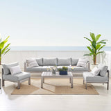 Shore Sunbrella® Fabric Outdoor Patio Aluminum 5 Piece Sectional Sofa Set Silver Gray EEI-4318-SLV-GRY-SET