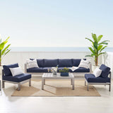 Shore Sunbrella® Fabric Outdoor Patio Aluminum 5 Piece Sectional Sofa Set Silver Navy EEI-4318-SLV-NAV-SET