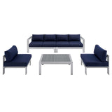 Shore Sunbrella® Fabric Outdoor Patio Aluminum 5 Piece Sectional Sofa Set Silver Navy EEI-4318-SLV-NAV-SET