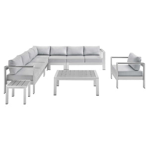 Shore Sunbrella® Fabric Outdoor Patio Aluminum 8 Piece Sectional Sofa Set Silver Gray EEI-4321-SLV-GRY-SET