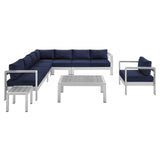 Shore Sunbrella® Fabric Outdoor Patio Aluminum 8 Piece Sectional Sofa Set Silver Navy EEI-4321-SLV-NAV-SET