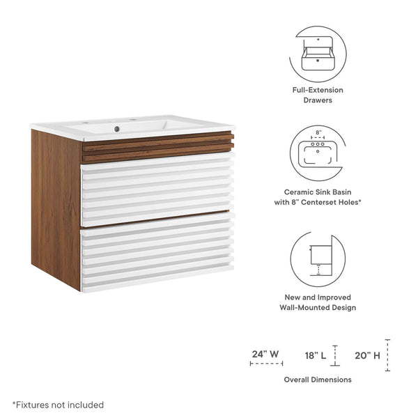 Modway Furniture Render 24" Wall-Mount Bathroom Vanity XRXT White Walnut White EEI-4433-WHI-WAL-WHI