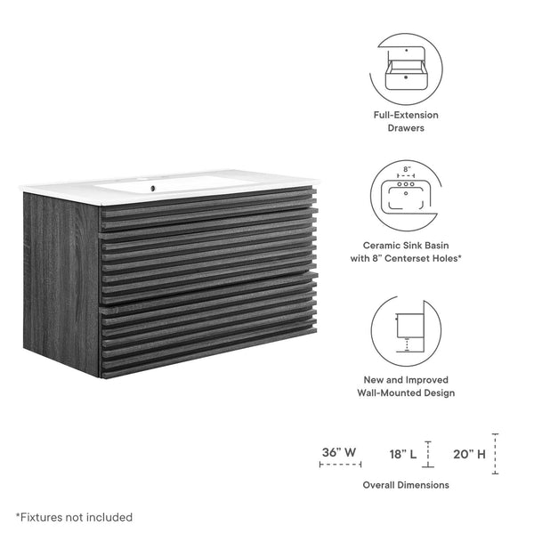 Modway Furniture Render 36" Wall-Mount Bathroom Vanity XRXT Charcoal White EEI-4436-CHA-WHI
