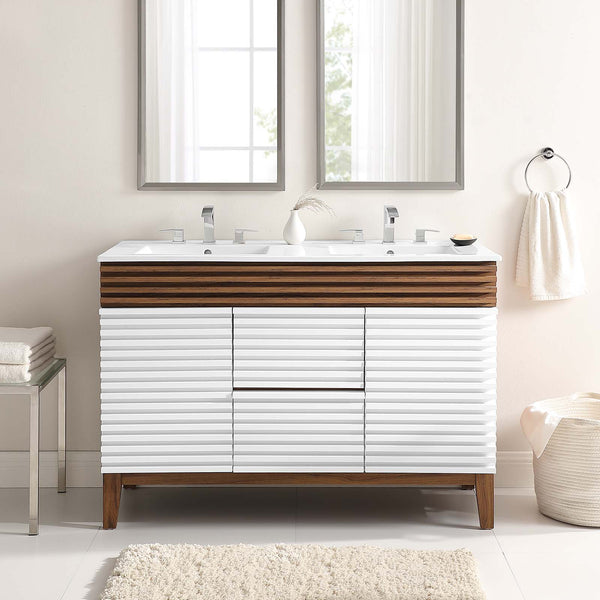 Modway Furniture Render 48" Double Sink Bathroom Vanity XRXT White Walnut White EEI-4441-WHI-WAL-WHI