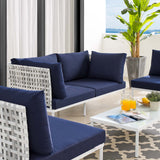 Harmony 4-Piece  Sunbrella® Basket Weave Outdoor Patio Aluminum Seating Set Taupe Navy EEI-4688-TAU-NAV-SET