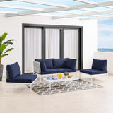 Harmony 4-Piece  Sunbrella® Basket Weave Outdoor Patio Aluminum Seating Set Taupe Navy EEI-4688-TAU-NAV-SET