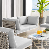 Harmony 4-Piece  Sunbrella® Basket Weave Outdoor Patio Aluminum Seating Set Tan Gray EEI-4689-TAN-GRY-SET