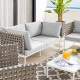 Harmony 5-Piece  Sunbrella® Basket Weave Outdoor Patio Aluminum Seating Set Tan Gray EEI-4693-TAN-GRY-SET