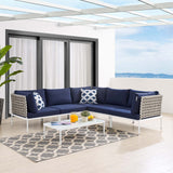 Harmony 6-Piece  Sunbrella® Basket Weave Outdoor Patio Aluminum Sectional Sofa Set Tan Navy EEI-4927-TAN-NAV-SET