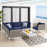 Harmony 7-Piece  Sunbrella® Basket Weave Outdoor Patio Aluminum Sectional Sofa Set Tan Navy EEI-4935-TAN-NAV-SET