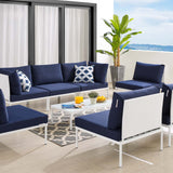 Harmony 8-Piece  Sunbrella® Outdoor Patio Aluminum Sectional Sofa Set White Navy EEI-4940-WHI-NAV-SET