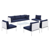 Harmony 8-Piece  Sunbrella® Outdoor Patio Aluminum Sectional Sofa Set White Navy EEI-4940-WHI-NAV-SET