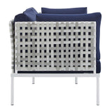 Harmony 8-Piece  Sunbrella® Basket Weave Outdoor Patio Aluminum Seating Set Taupe Navy EEI-4946-TAU-NAV-SET