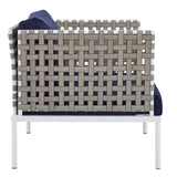 Harmony 8-Piece  Sunbrella® Basket Weave Outdoor Patio Aluminum Seating Set Tan Navy EEI-4947-TAN-NAV-SET