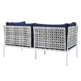 Harmony Sunbrella® Basket Weave Outdoor Patio Aluminum Loveseat Taupe Navy EEI-4961-TAU-NAV