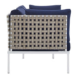 Harmony Sunbrella® Basket Weave Outdoor Patio Aluminum Loveseat Tan Navy EEI-4962-TAN-NAV