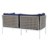 Harmony Sunbrella® Basket Weave Outdoor Patio Aluminum Loveseat Tan Navy EEI-4962-TAN-NAV