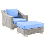 Conway Outdoor Patio Wicker Rattan 2-Piece Armchair and Ottoman Set Light Gray Light Blue EEI-5090-LBU