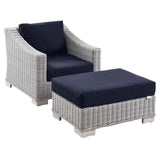 Conway Outdoor Patio Wicker Rattan 2-Piece Armchair and Ottoman Set Light Gray Navy EEI-5090-NAV