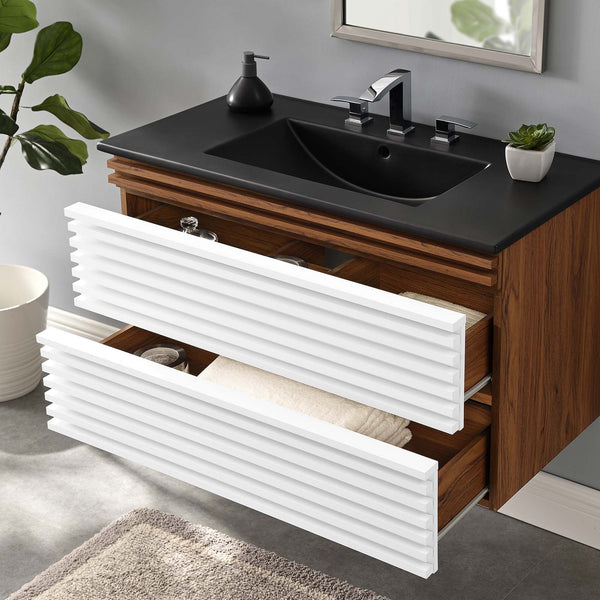 Modway Furniture Render 36" Wall-Mount Bathroom Vanity XRXT White Walnut Black EEI-5395-WHI-WAL-BLK