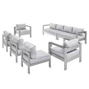 Shore Sunbrella® Fabric Outdoor Patio Aluminum 7 Piece Sectional Sofa Set Silver Gray EEI-5481-SLV-GRY-SET