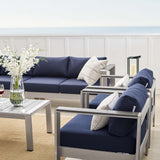 Shore Sunbrella® Fabric Outdoor Patio Aluminum 7 Piece Sectional Sofa Set Silver Navy EEI-5481-SLV-NAV-SET