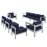 Shore Sunbrella® Fabric Outdoor Patio Aluminum 7 Piece Sectional Sofa Set Silver Navy EEI-5481-SLV-NAV-SET