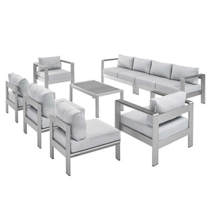 Shore Sunbrella® Fabric Outdoor Patio Aluminum 8 Piece Sectional Sofa Set Silver Gray EEI-5482-SLV-GRY-SET