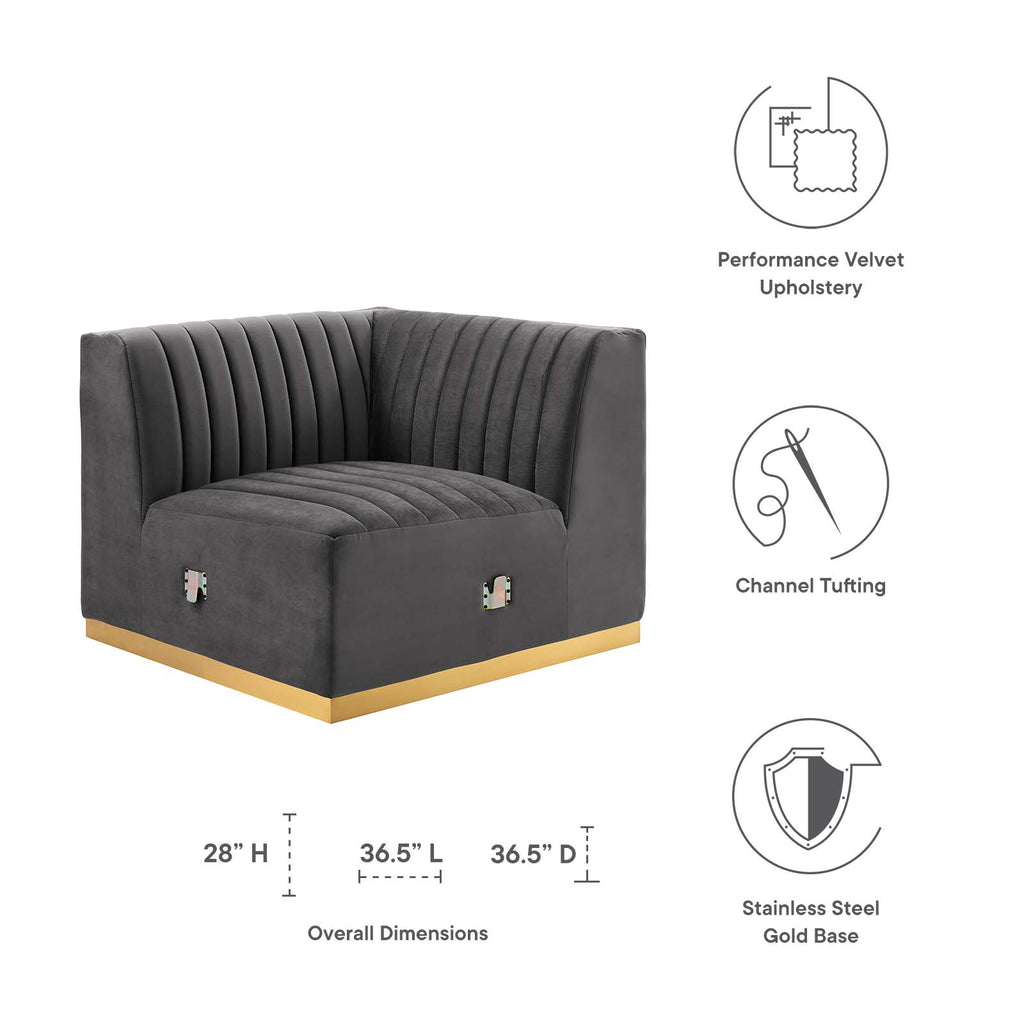 Modway Furniture Conjure Channel Tufted Performance Velvet Right Corner Chair XRXT Gold Gray EEI-5506-GLD-GRY