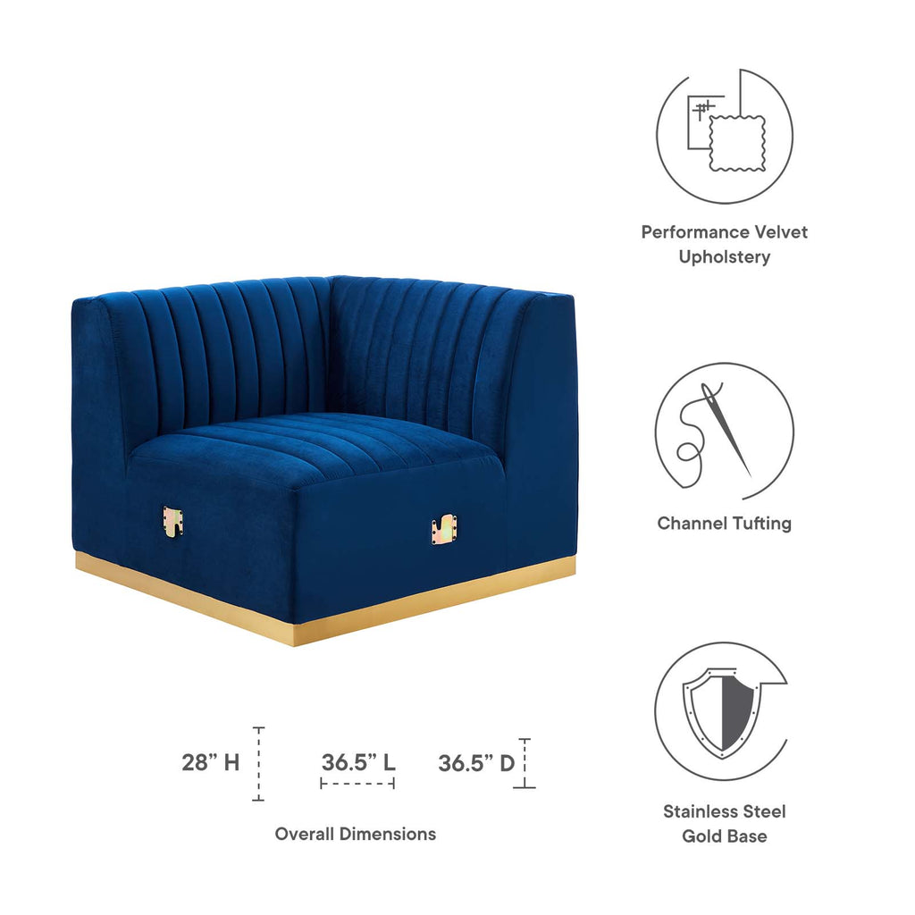 Modway Furniture Conjure Channel Tufted Performance Velvet Right Corner Chair XRXT Gold Navy EEI-5506-GLD-NAV