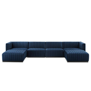 Modway Furniture Conjure Channel Tufted Performance Velvet 6-Piece Sectional XRXT Black Midnight Blue EEI-5768-BLK-MID