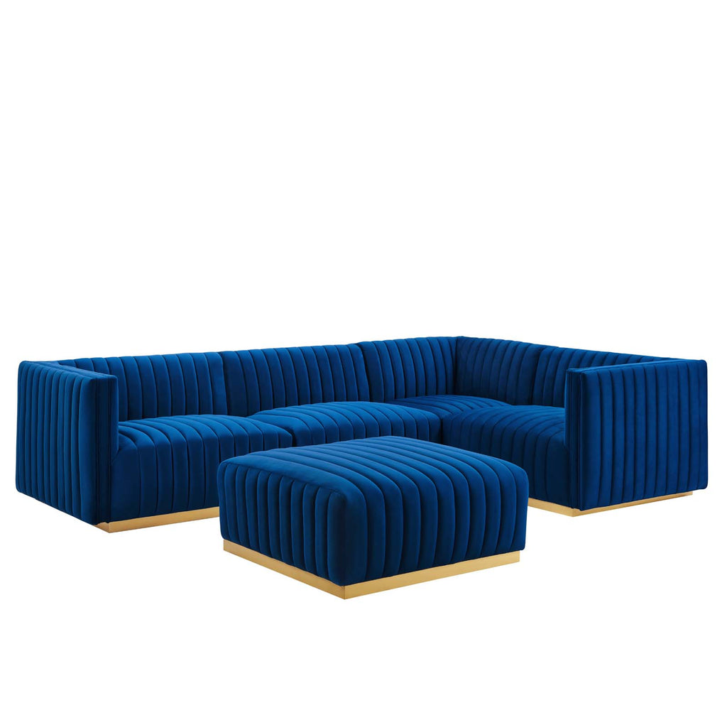 Modway Furniture Conjure Channel Tufted Performance Velvet 5-Piece Sectional XRXT Gold Navy EEI-5853-GLD-NAV