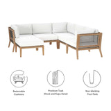 Modway Furniture Clearwater Outdoor Patio Teak Wood 6-Piece Sectional Sofa 0423 Gray White EEI-6124-GRY-WHI