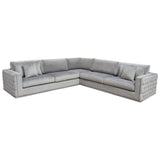 Envy 3 Piece Sectional in Platinum Grey Velvet with Tufted Outside Detail and Silver Metal Trim