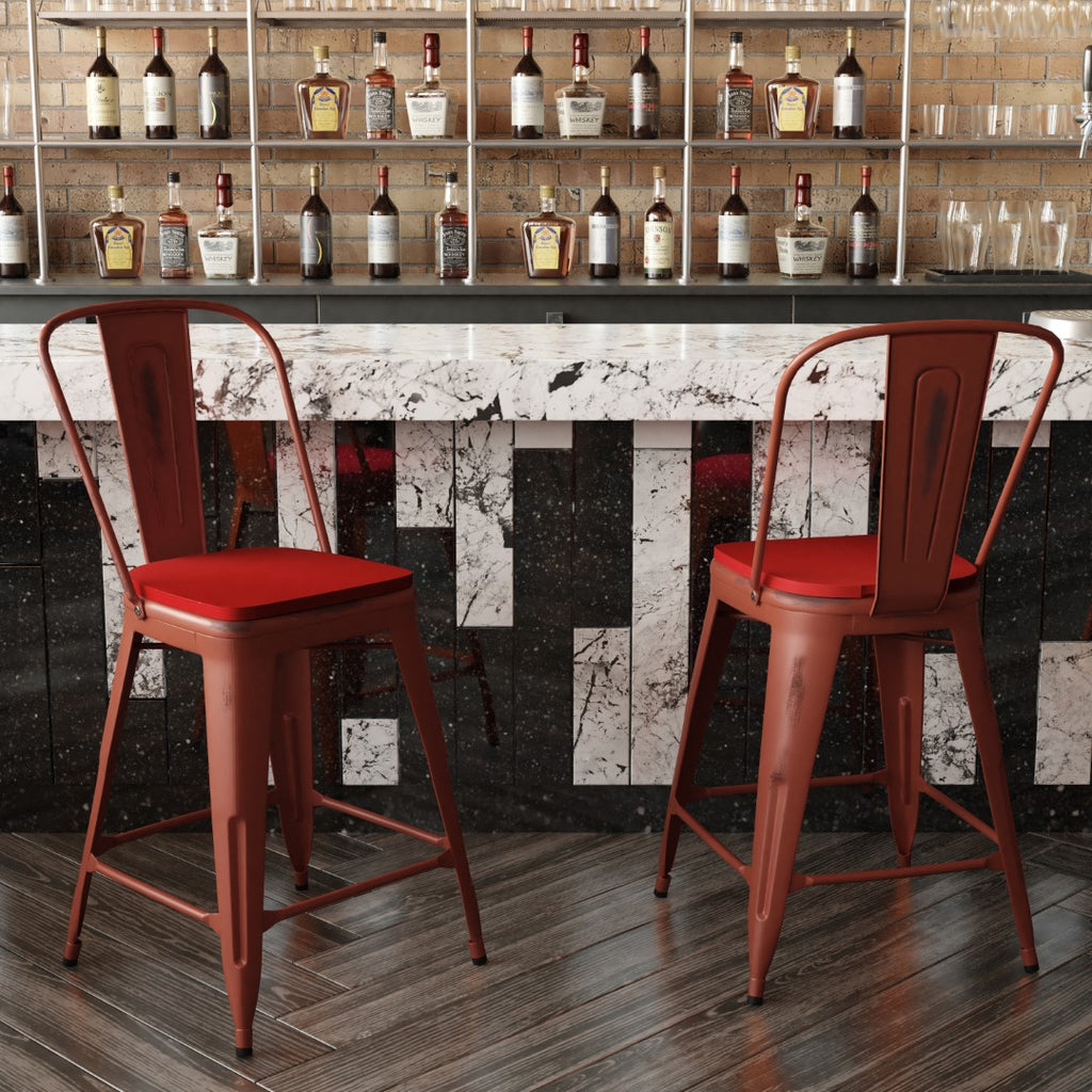 English Elm EE1790 Contemporary Commercial Grade Metal Colorful Restaurant Counter Stool Kelly Red/Red EEV-13534